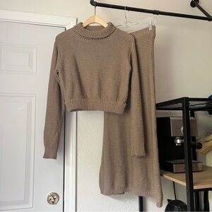TROIS THE LABEL tan turtleneck chunky cotton knit sweater midi maxi skirt set